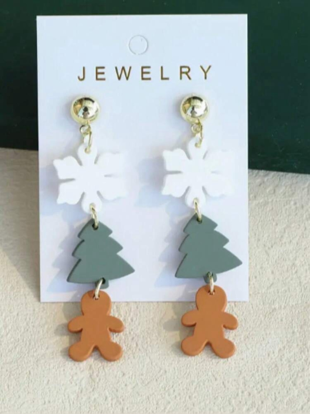 Holiday Gingerbread Tree Drop Earrings - White, Green & Brown